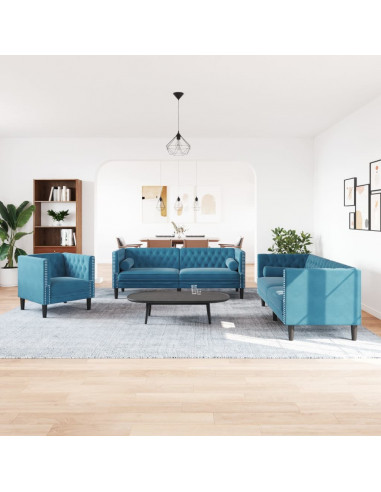 Set Divani Chesterfield 3pz con Cuscini Blu Velluto