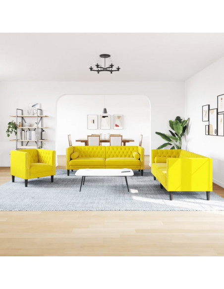 Set Divani Chesterfield 3pz con Cuscini Giallo Velluto