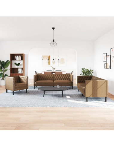 Set Divani Chesterfield 3pz Marrone in Similpelle Scamosciata