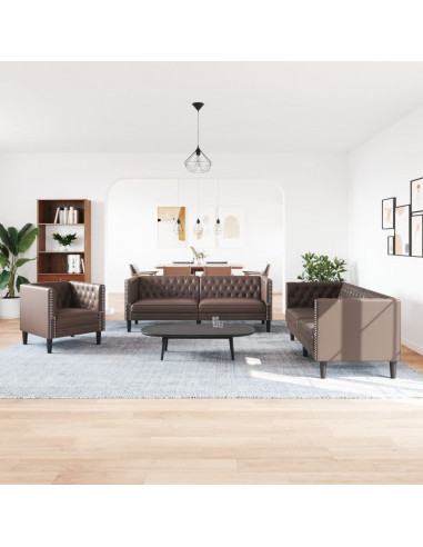 Set Divani Chesterfield 3pz Marrone in Similpelle