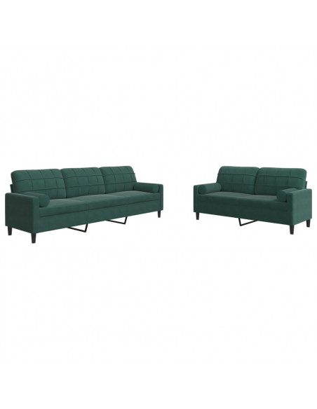 Set di Divani 2 pz con Cuscini e Rinforzi Verde scuro Velluto