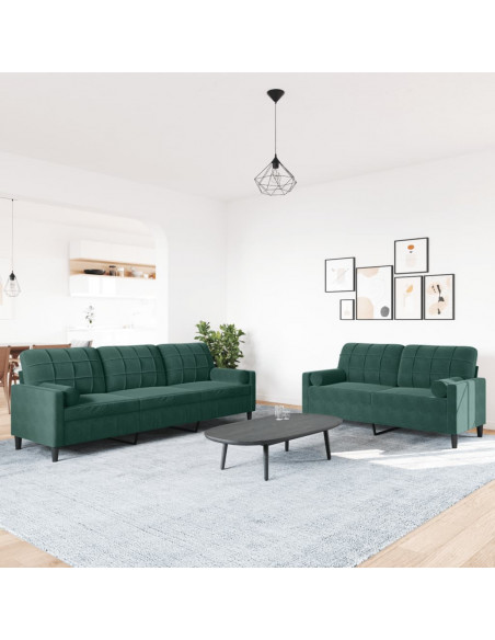 Set di Divani 2 pz con Cuscini e Rinforzi Verde scuro Velluto