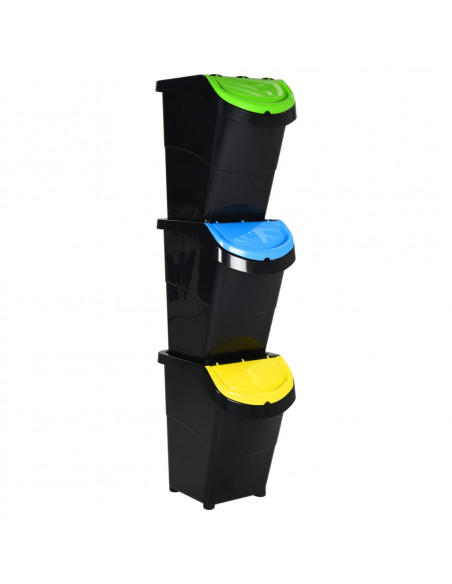 Cestini per Rifiuti Impilabili con Coperchi 3pz Neri PP 120L