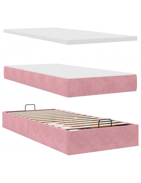 Struttura Letto Pouf con Materassi Rosa 90x200 cm in Velluto