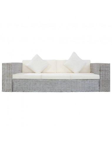 Divano a 3 Posti con Cuscini Grigio in Rattan Naturale