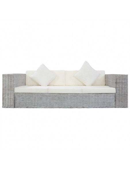 Divano a 3 Posti con Cuscini Grigio in Rattan Naturale