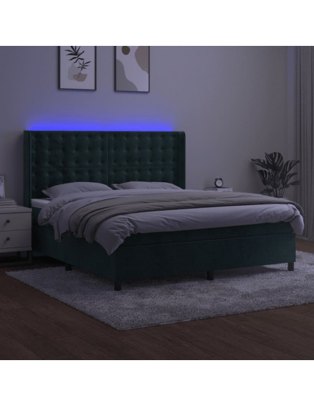 Letto a Molle con Materasso e LED Verde Scuro 160x200cm Velluto