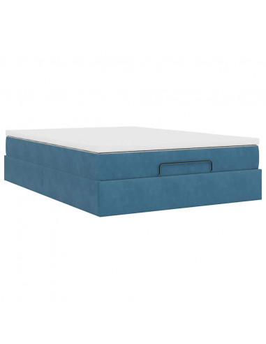 Struttura Letto Pouf con Materasso Blu 140x200cm in Velluto