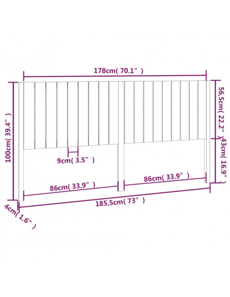 Testiera per Letto 185,5x4x100 cm in Legno Massello di Pino