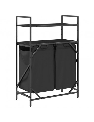 Cesto della Biancheria 2 Scomparti con Ripiani Rovere Nero