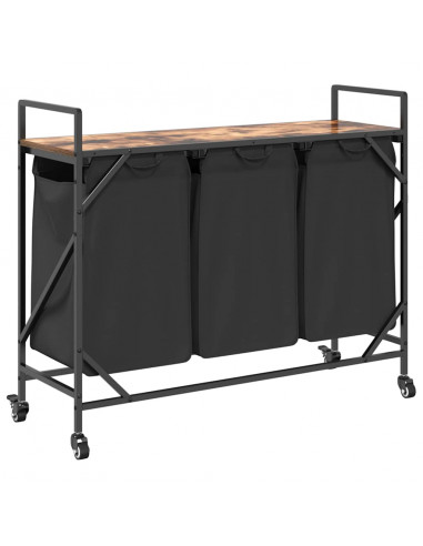 Cesto della Biancheria 3 Scomparti con Ruote Rovere Fumo