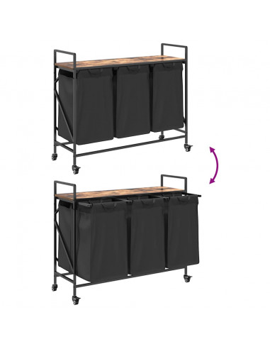 Cesto della Biancheria 3 Scomparti con Ruote Rovere Fumo