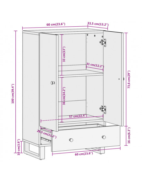 Credenza Marrone e Nera 60x33,5x100 cm Legno Massello di Mango