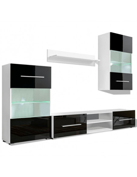 Mobili con Vetrina Parete Unità TV 4pz Nero Lucido con Luci LED