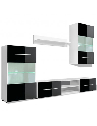 Mobili con Vetrina Parete Unità TV 4pz Nero Lucido con Luci LED