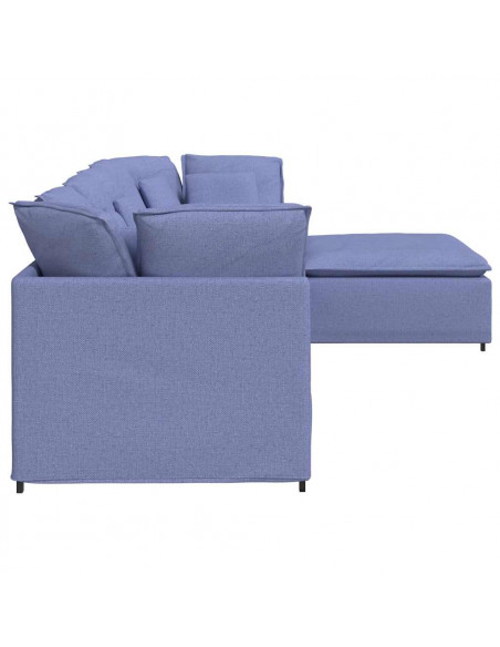 Divano Modulare con Poggiapiedi e Cuscini in Tessuto Jeans Blu