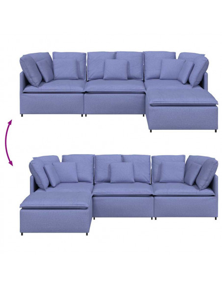 Divano Modulare con Poggiapiedi e Cuscini in Tessuto Jeans Blu