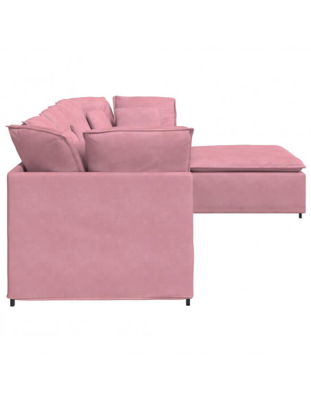 Divano Modulare con Poggiapiedi e Cuscini in Velluto Rosa