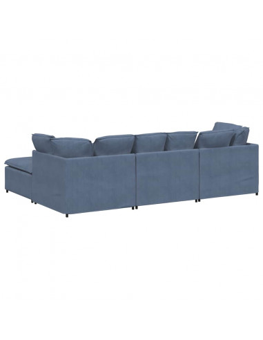 Divano Modulare con Poggiapiedi e Cuscini Tessuto a Coste Blu