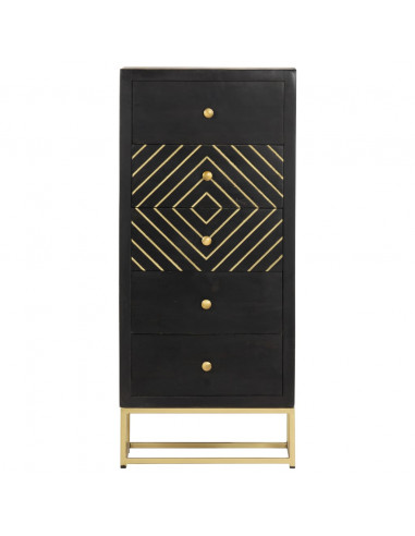 Cassettiera Nero e Oro 45x30x105 cm in Legno Massello di Mango