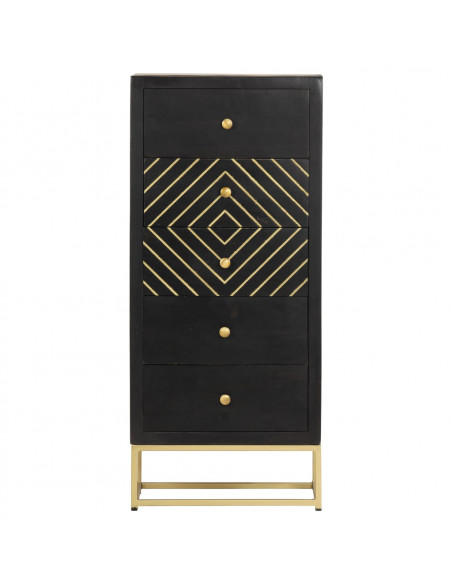 Cassettiera Nero e Oro 45x30x105 cm in Legno Massello di Mango