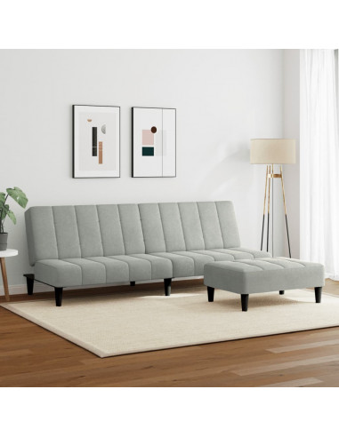 Divano Letto a 2 Posti con Poggiapiedi Grigio Chiaro in Velluto