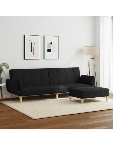 Divano Letto a 2 Posti con Poggiapiedi Nero in Tessuto
