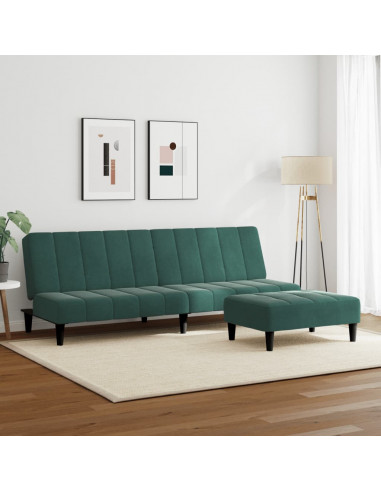 Divano Letto a 2 Posti con Poggiapiedi Verde Scuro in Velluto