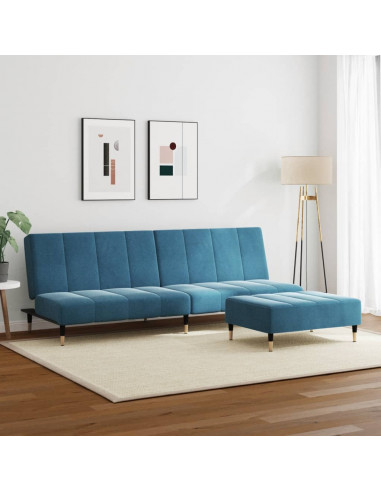 Divano Letto 2 Posti con Poggiapiedi Blu in Velluto