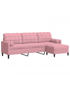 Divano a 3 Posti con Poggiapiedi rosa 210cm in Velluto