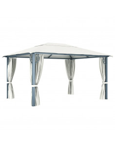 Gazebo con Tende Stringa di Luci LED 400x300 cm Crema Alluminio