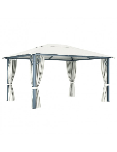 Gazebo con Tende Stringa di Luci LED 400x300 cm Crema Alluminio