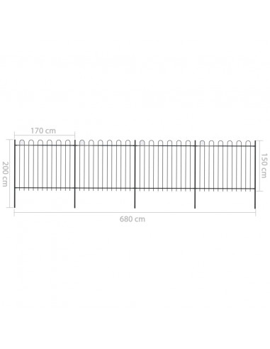 Recinzione Giardino con Punta Tonda in Acciaio 6,8x1,5m Nera
