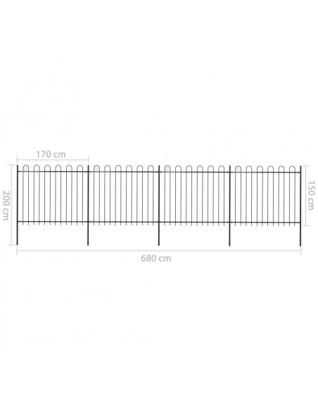 Recinzione Giardino con Punta Tonda in Acciaio 6,8x1,5m Nera