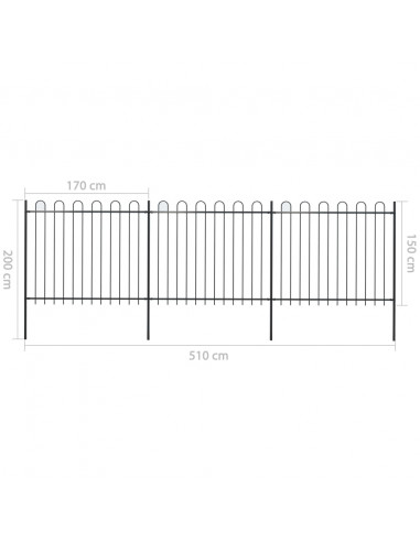 Recinzione Giardino con Punta Tonda in Acciaio 5,1x1,5m Nera