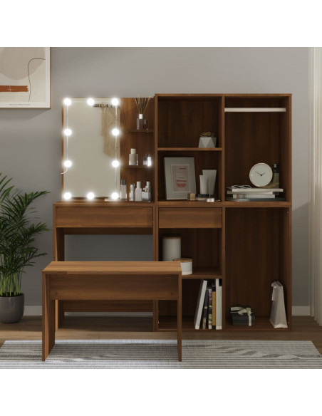 Set Tavolo da Toeletta con LED Rovere Marrone Legno Multistrato