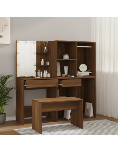 Set Tavolo da Toeletta con LED Rovere Marrone Legno Multistrato