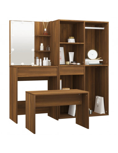 Set Tavolo da Toeletta con LED Rovere Marrone Legno Multistrato