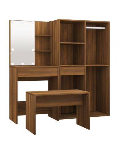 Set Tavolo da Toeletta con LED Rovere Marrone Legno Multistrato