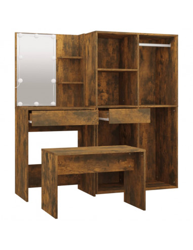 Set Tavolo da Toeletta con LED Rovere Fumo in Legno Multistrato