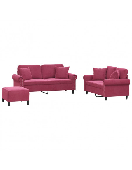 Set di Divani 3 pz con Cuscini Rosso Vino in Velluto