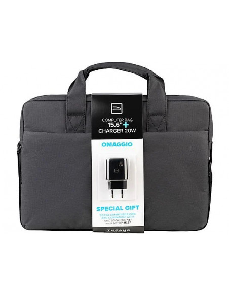 TUCANO BAG + CHARGER BUNDLE BORSA SLIM ,VANO IMBOTTITO PER LAPTOP FINO 15,6, CHARGER 20W USB-A,USB-C