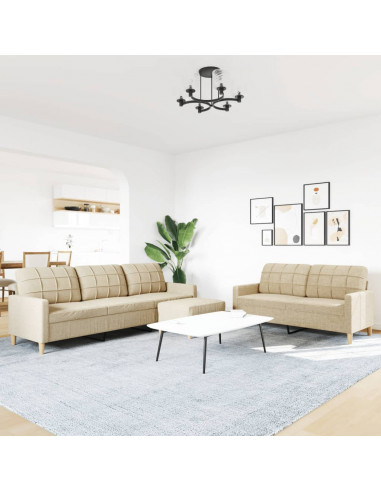 Set di Divani 3 pz con Poggiapiedi Crema in Tessuto