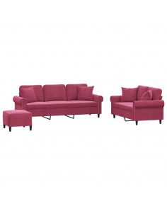 Set di Divani 3 pz con Cuscini Rosso Vino in Velluto