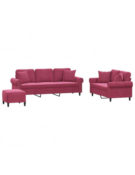 Set di Divani 3 pz con Cuscini Rosso Vino in Velluto