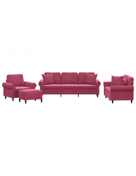 Set di Divani 4 pz con Cuscini Rosso Vino in Velluto