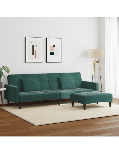 Divano Letto a 2 Posti con Poggiapiedi Verde Scuro in Velluto