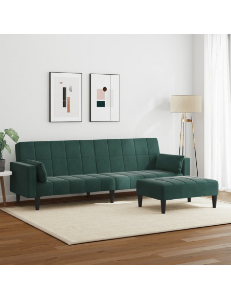Divano Letto a 2 Posti con Poggiapiedi Verde Scuro in Velluto
