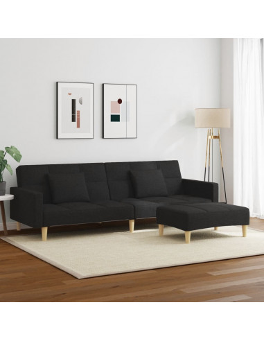 Divano Letto a 2 Posti con Poggiapiedi Nero in Tessuto