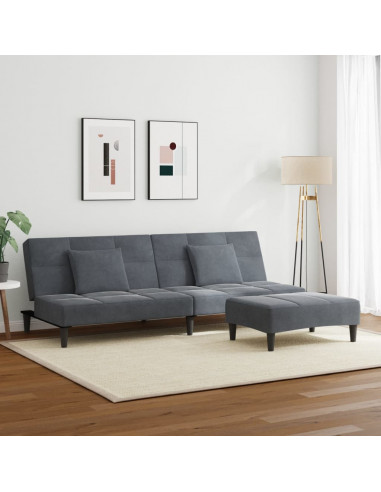 Divano Letto 2 Posti con Poggiapiedi Grigio Scuro in Velluto